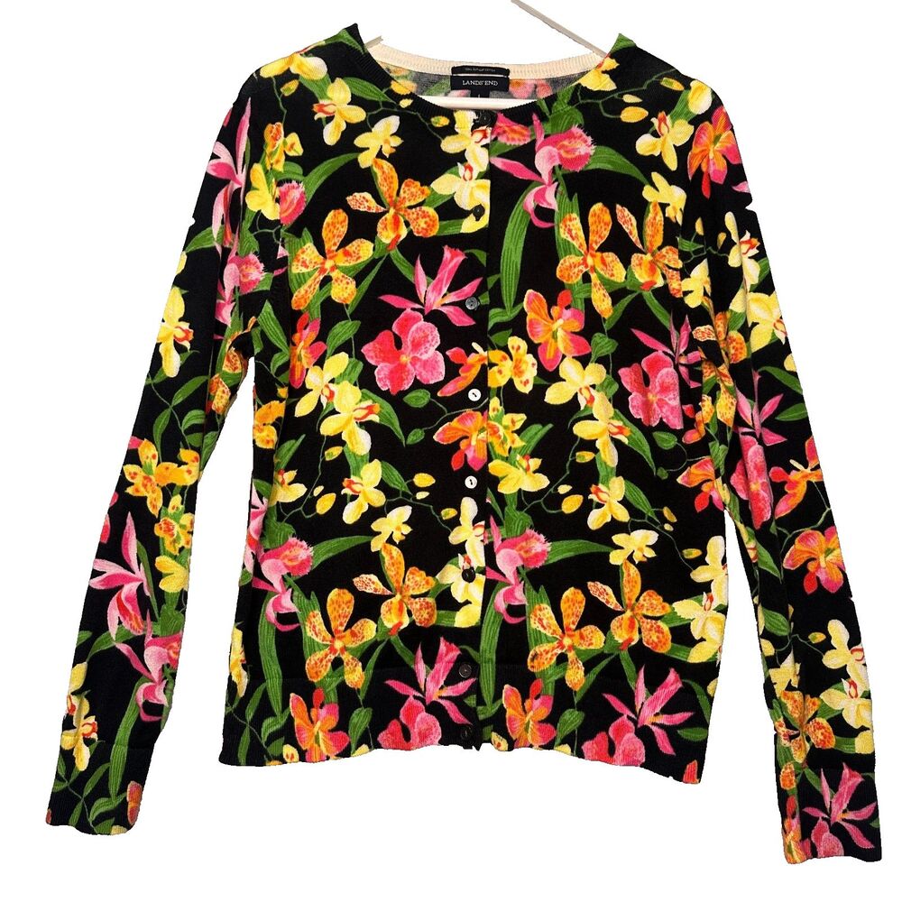 Lands End Floral Cardigan Sweater Size Large